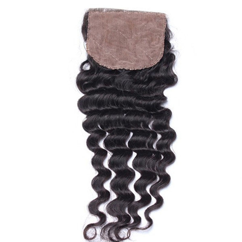 Remy Hair Silk Base Lace Closure Deep Wave Brazilian Hair Piece 4x4inches Natural Color