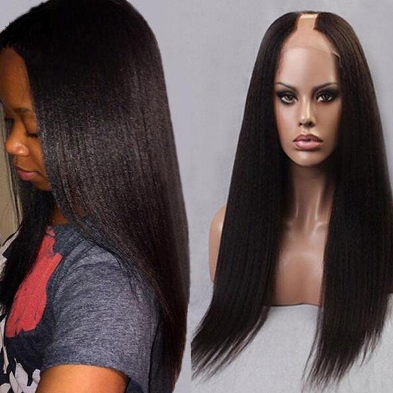 U Part Wig Human Hair for Black Women Brazilian Yaki Straight Natural Color