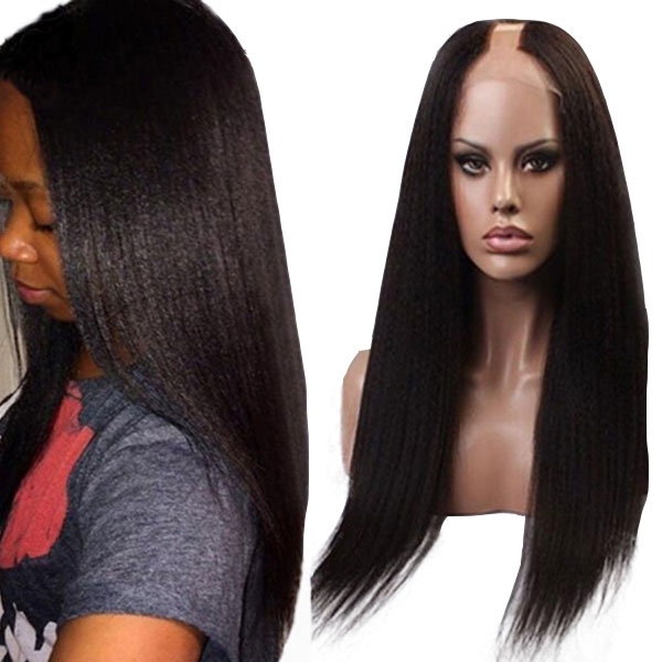 U Part Wig Human Hair for Black Women Brazilian Yaki Straight Natural Color