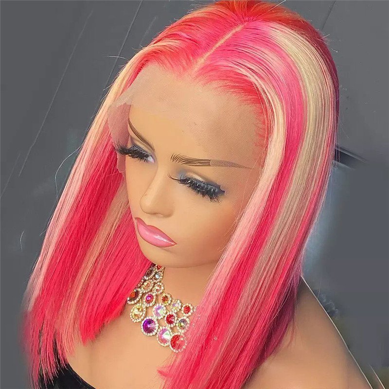 Bob Colored Human Hair Wigs For Women Brazilian Blonde Pink Highlight Bob Wig Lace Front Human Hair Wig Preplucked