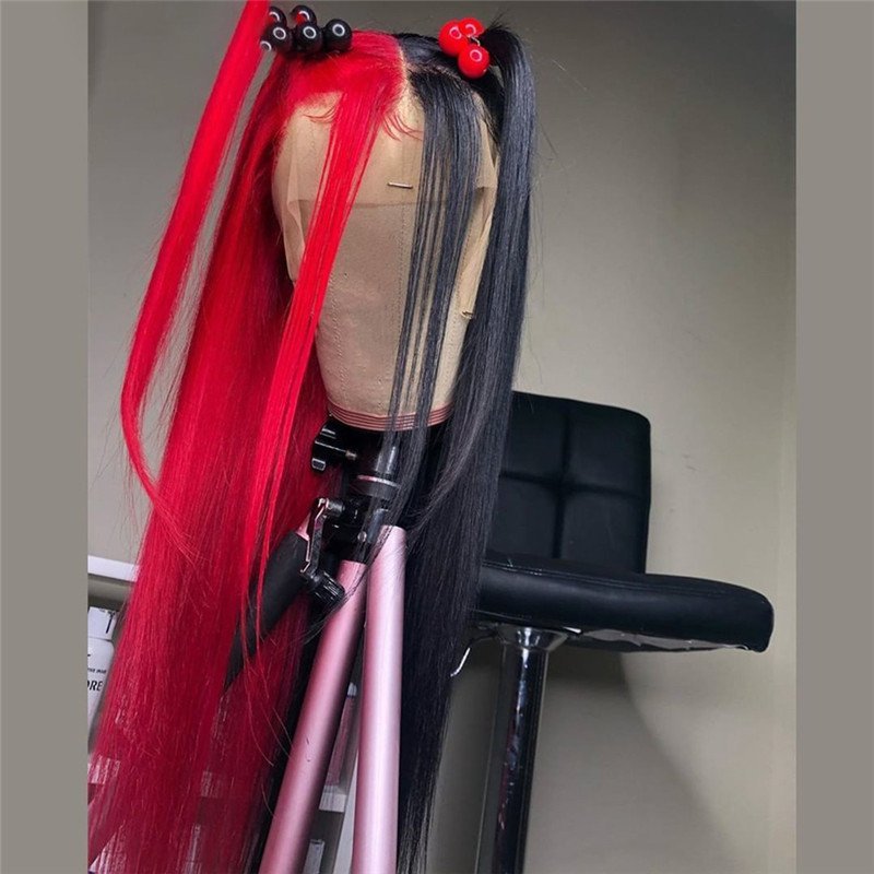 13x4 Straight Half Red half Black Lace Front Wig Brazilian 42inch Blonde Colored Human Hair Wigs Transparent Lace Frontal Wigs