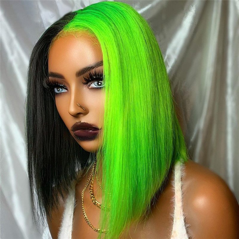 Bob Black Green Half and Half Lace Front Wig Brazilian Remy Straight Bob Colored Human Hair Wigs For Women Green Human Hair Wig
