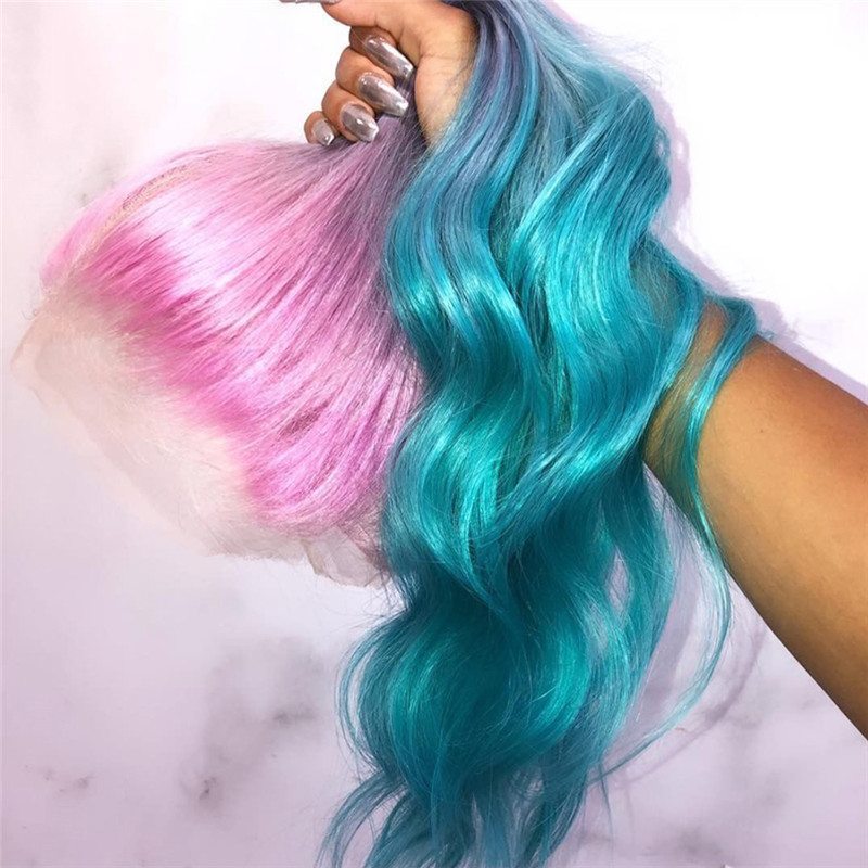 Long Gradient 3 Colored Pink violet Blue Ombre Hair 100% Human Hair Lace Wig for Party Lace Wigs For Women