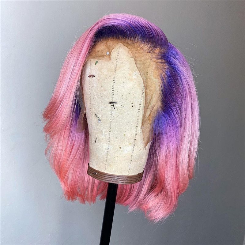 Purple Pink Lace Font Wig Human Hair Brazilian Short Bob Human Hair Wigs Straight Ombre Colored Transparent Lace Wigs 150%