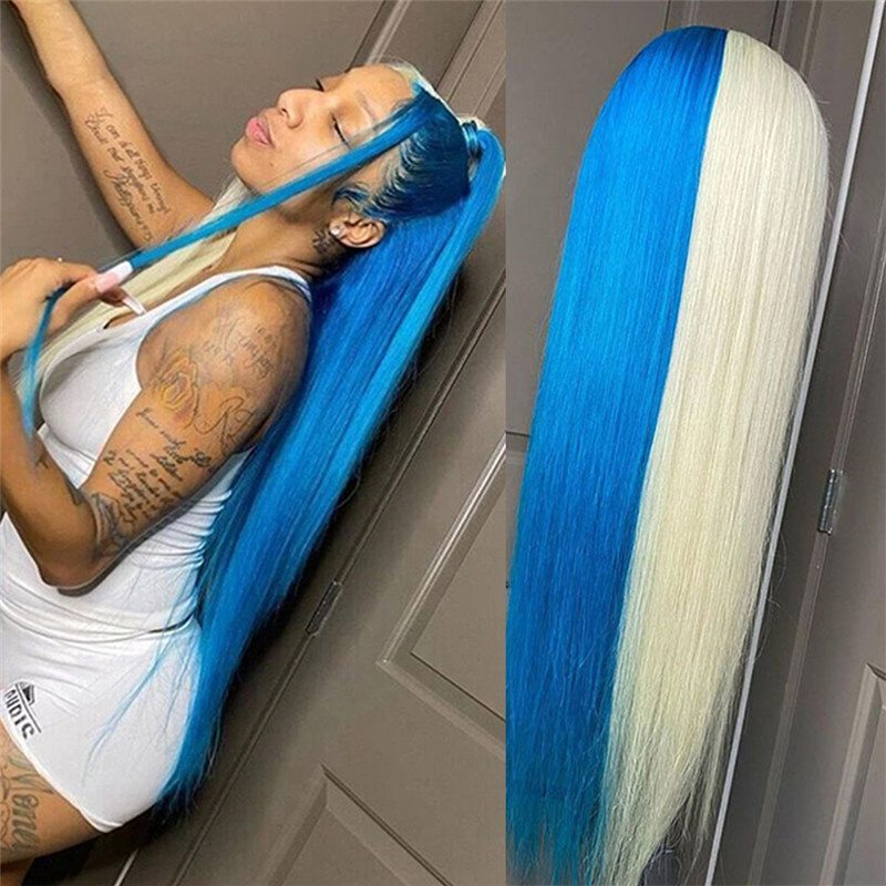 Blue Straight Highlight Wig Brazilian Remy Lace Front Wig Ombre Human Hair Wig Colored Transparent Wigs