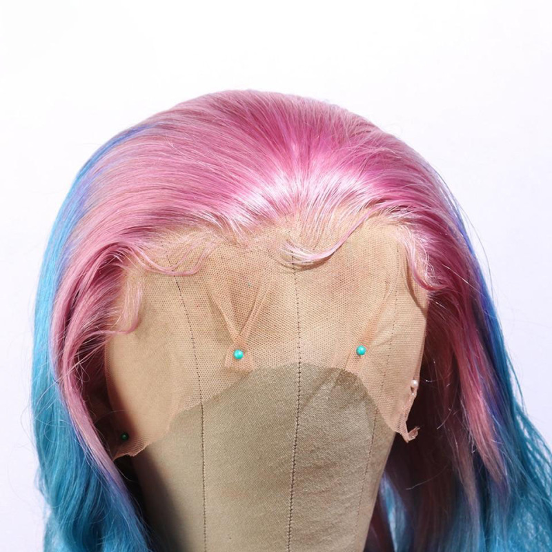Long Gradient 3 Colored Pink violet Blue Ombre Hair 100% Human Hair Lace Wig for Party Lace Wigs For Women