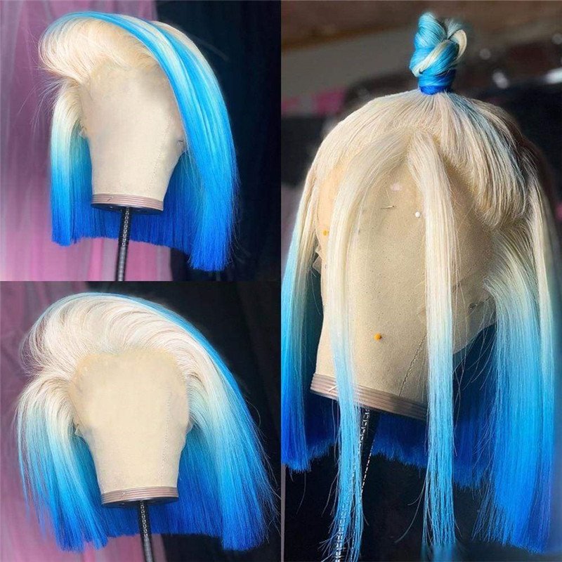 Bob Blue Colored Human Hair Wigs For Women Straight Ombre Lace Front Wig Preplucked Brazilian Remy Blue Bob Wig 150%