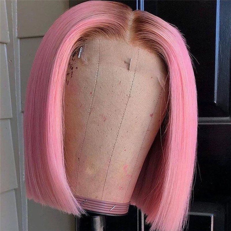 Peruvian Hair Pink with Brown Root Color Transparent Lace Wigs For Women Bob Colored Human Hair Wigs