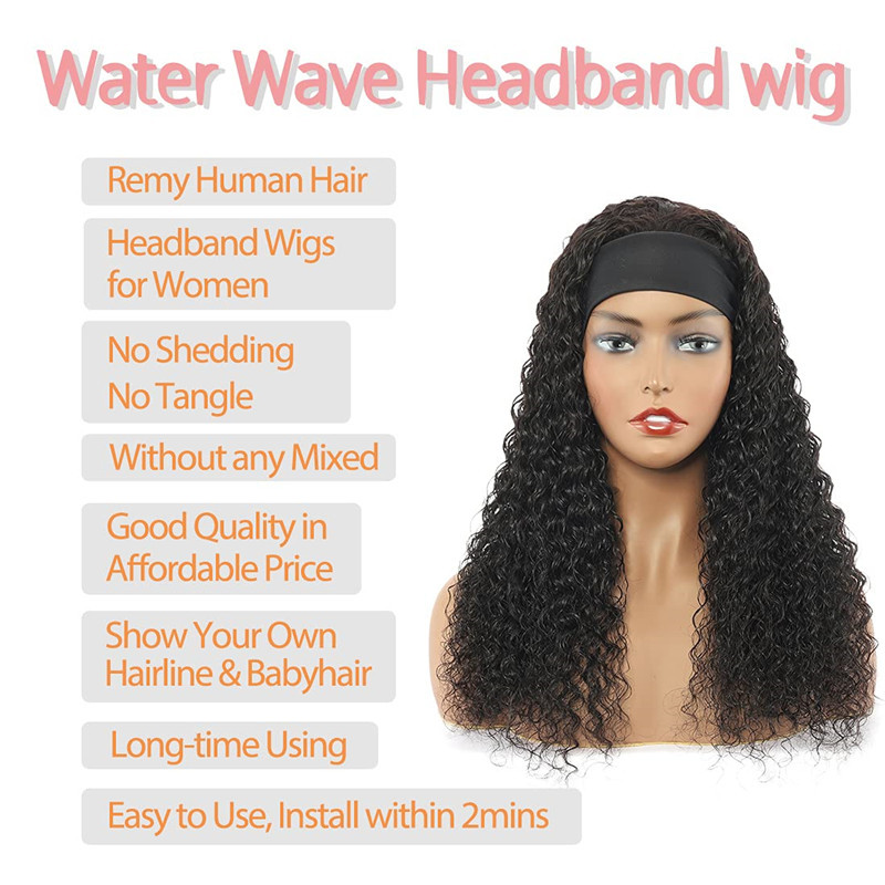 99j Headband Wig 18inch Water Wave Human Hair Headband Wigs for Black Women 10A Brazilian Red Burgundy Headband Wigs