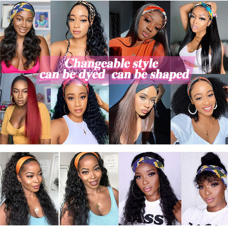 Headband Wig Deep Wave 18 inch Human Hair Wigs None Lace Front Wigs Virgin Hair Machine Made Wigs curly hair Headband for Black Women