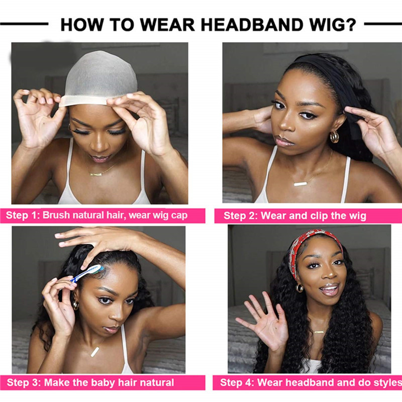 Headband Wig Deep Wave 18 inch Human Hair Wigs None Lace Front Wigs Virgin Hair Machine Made Wigs curly hair Headband for Black Women