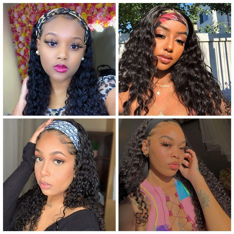 Headband Human Hair Wigs 180% Density Water Wave Curly None Lace Front Wigs for Black Women Glueless Deep Wave Machine Made Wigs