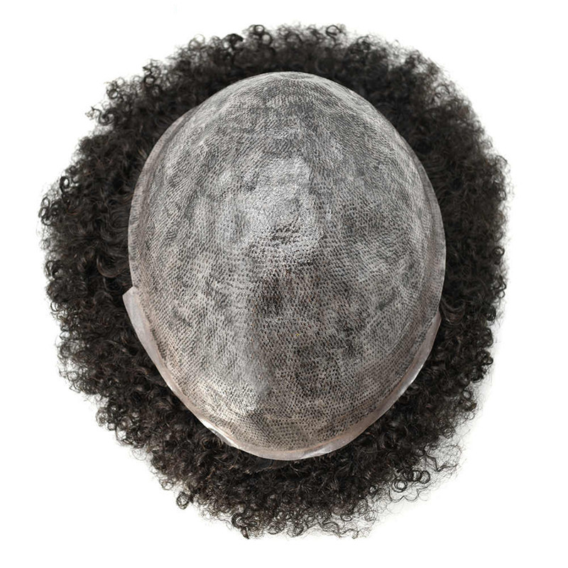 Pwigs Hairpiece Afro Toupee For Black Men Full Poly Skin Pu African American Curly Afro Wig 150% Density Toupee Hairpieces 10X8 Inch