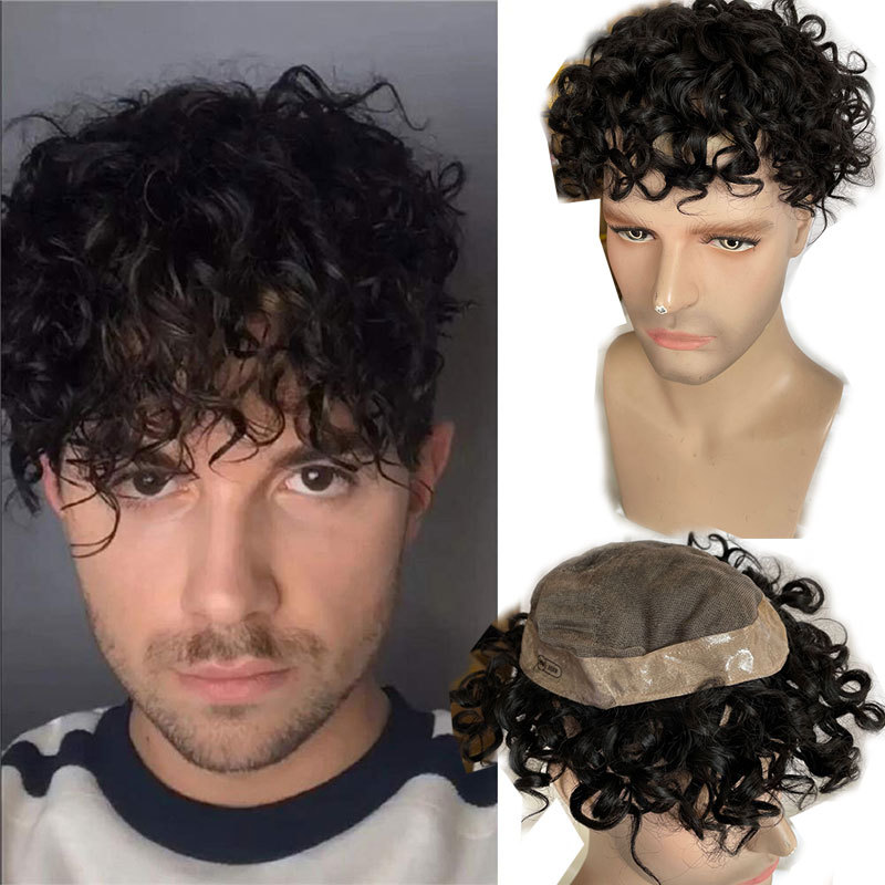 Pwigs Deep Wavy Human Hair Toupee Curly Mono Lace Skin Around Pu Toupee For Men Wave Replacement System Curly Wigs 10x8inch 1B Color