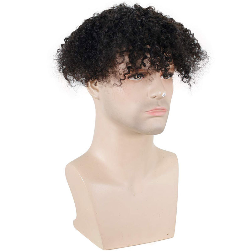 Toupee for Man 100% Human Hair Replacement Systems Men Hairpiece Mono Lace with PU Around Curly Wig 9x7inch 1B Color