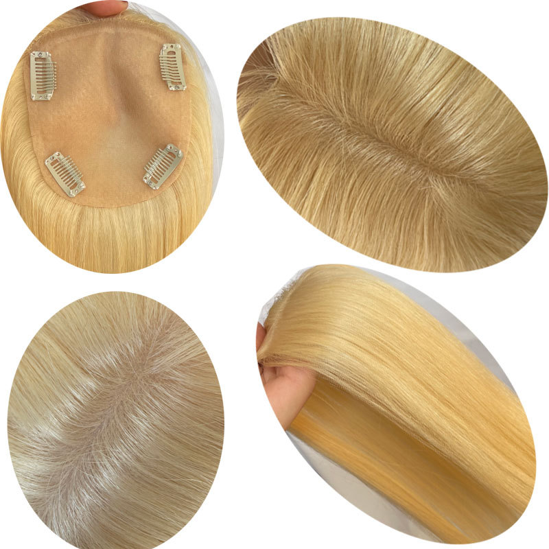Human Hair Topper For Women Silk Base Closure 10A Virgin Brazilian Human Hair Clips Hair Topper Piano Colors Blonde 16inch Silk Straight Middle Part