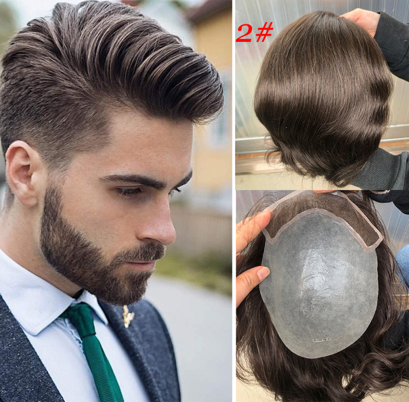 Toupee for Men Human Hair Men's Thin Skin Hair system with French Lace Hair Line Front 8x10 Inches Men Wigs Touppe For Black Men 22# color