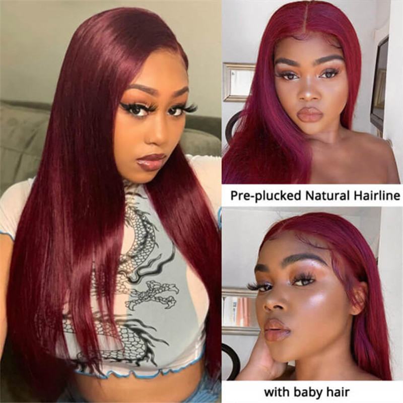 99J Straight/Body Wave 13X4 Burgundy Hd Lace Front Pre Plucked Colored Human Hair Wigs For Women