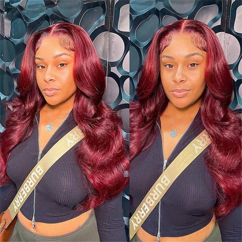 99J Straight/Body Wave 13X4 Burgundy Hd Lace Front Pre Plucked Colored Human Hair Wigs For Women