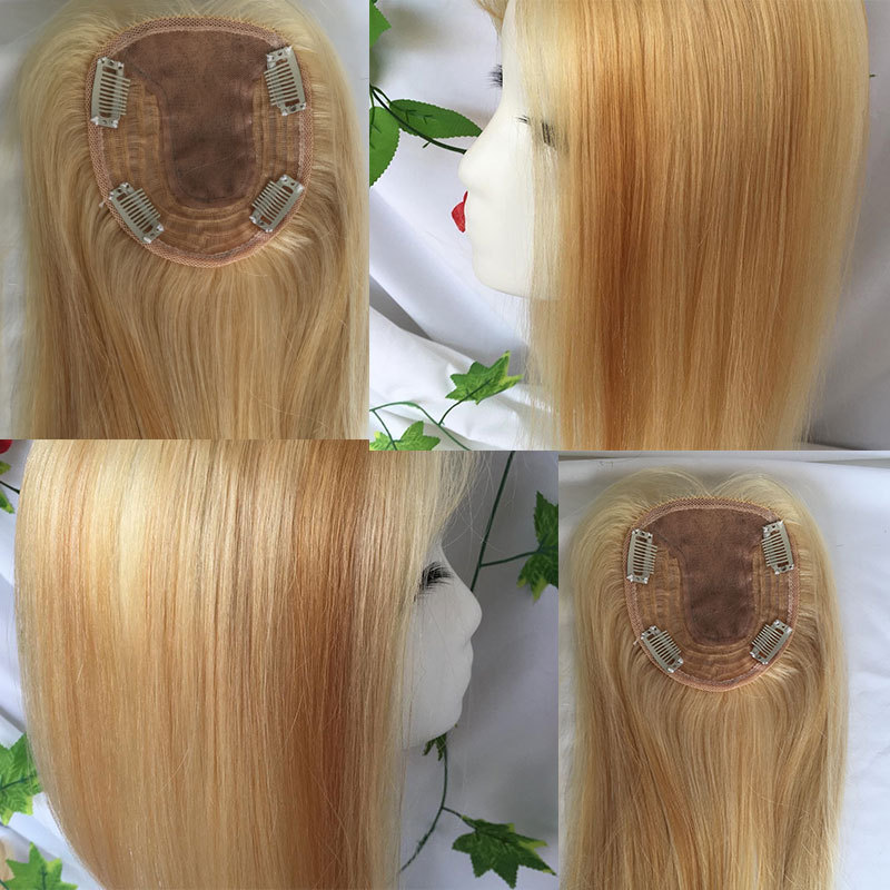 613 Blonde Straight Lace Closure Human Hair Silk Base Top Closure Topper For Women Hair Pieces Clip in Crown Middle Part Closrue 16Inch