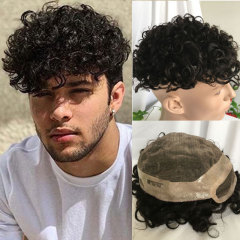 Pwigs 100% Human Hair Toupee for Men HairPieces Men Wigs Curly Hair Lace Frontal Mono Lace Top 8*10 20MM Man Hair Toupee Natural Black