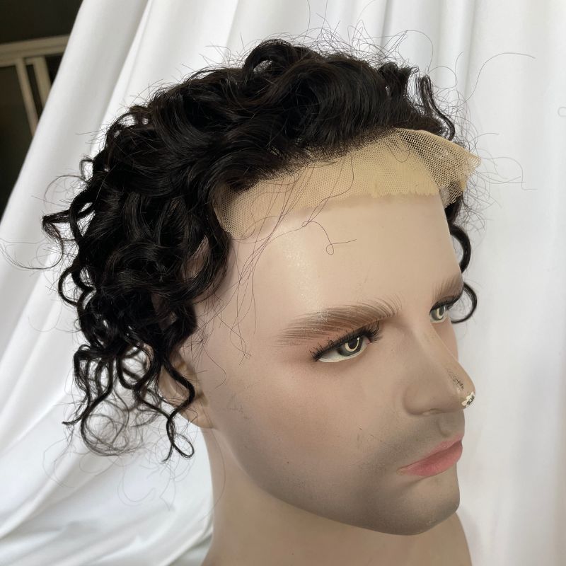Toupee for Man  Lace Front PU Around Men Toupee Loose Curly 14x19 cm 1B Color 100% Human Hair Replacement Systems