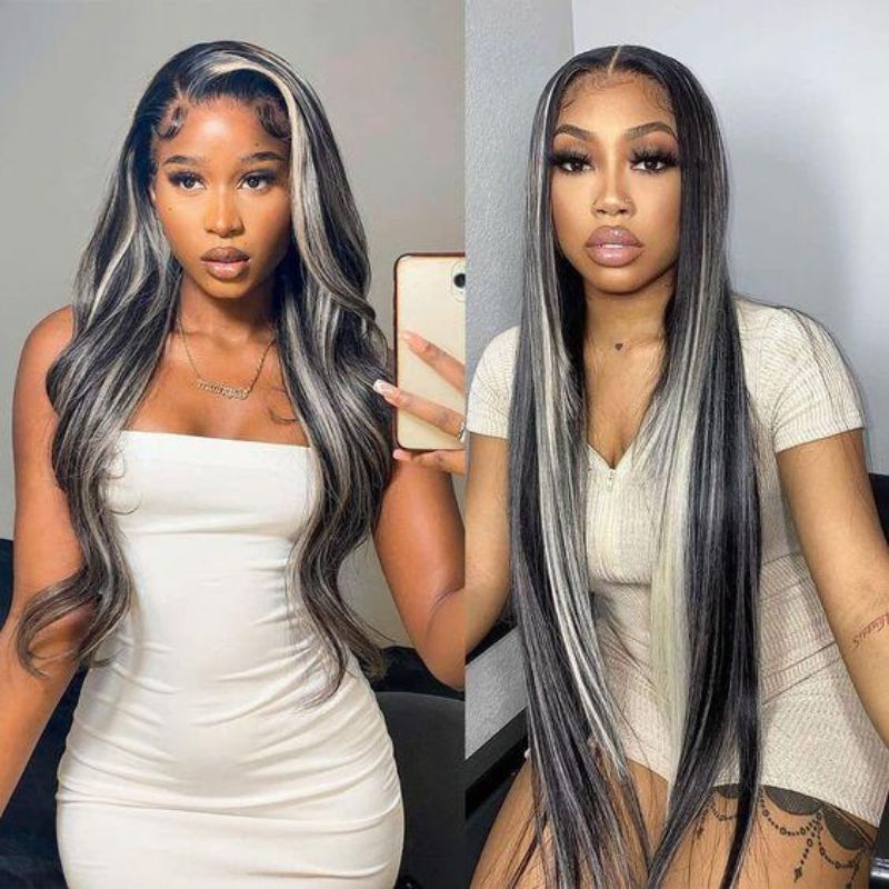 Ombre Plantium Blonde Black Silky Straight Human Hair Wig  Lace Front Human Hair Wigs  Remy Preplucked Grey Colored Lace Front Wigs