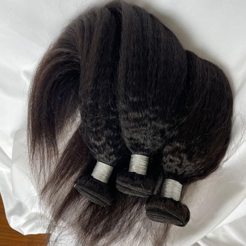 Pwigs High-quality Kinky Straight  Brazilian Human Hair Bundles Remy Kinky Straight  Hair Weft  #1b Natural Black Hair Extensions