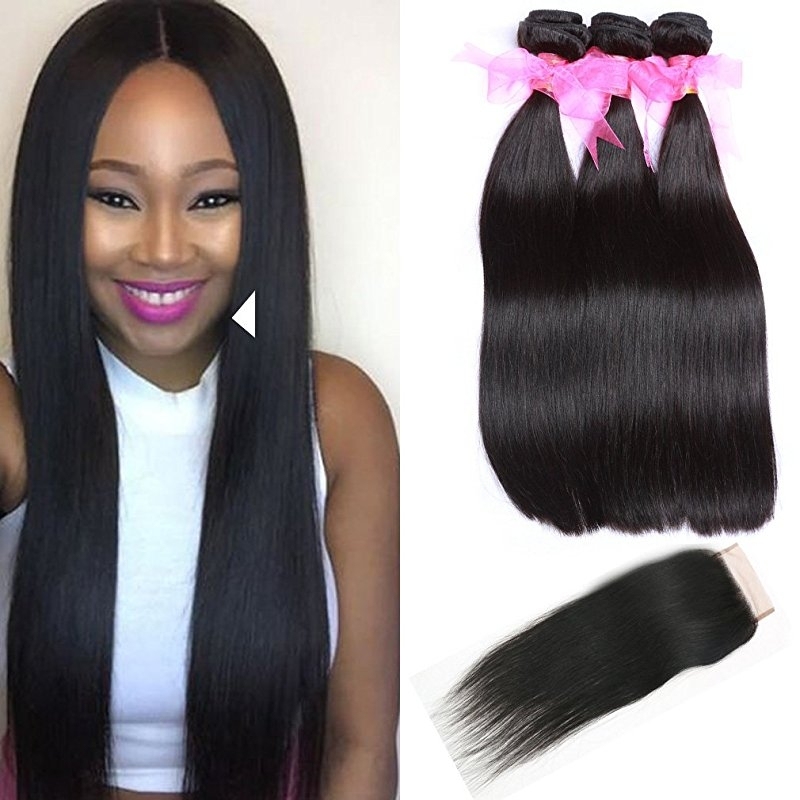 Straight Hair Bundles with Lace Closure  Grade 9A Unprocessed Straight Peruvian Hair 3 Bundles and 4x4 Free Part Closures Natural Color