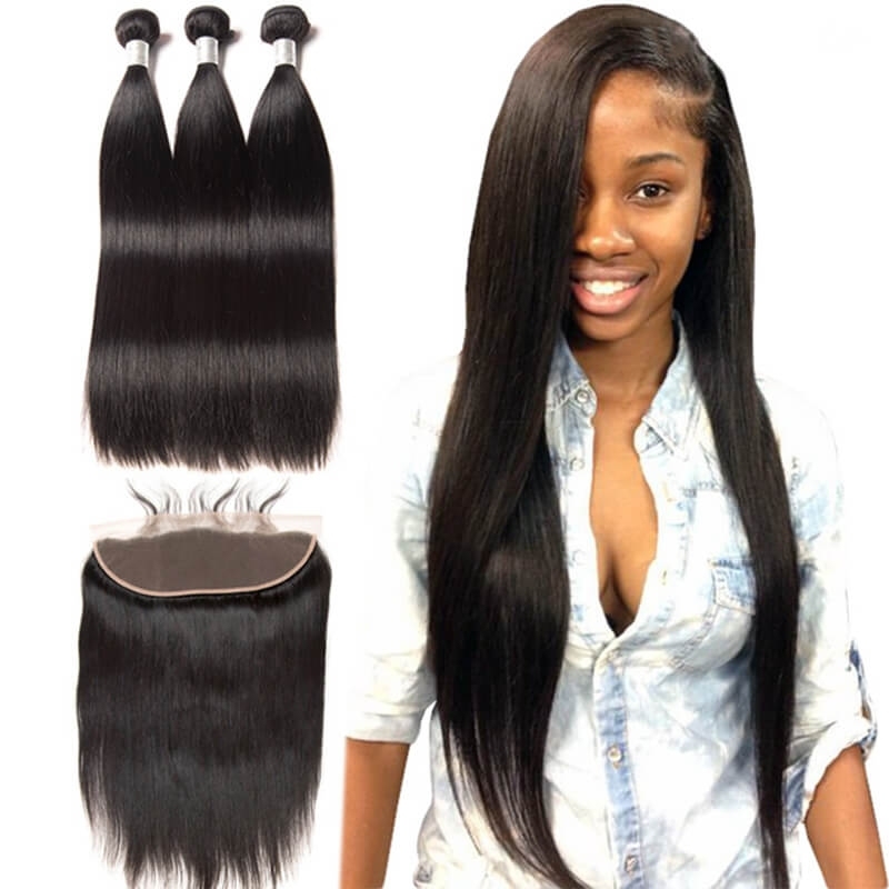 Silky Straight Hair 3 Bundles With Frontal Brazilian Human Hair Weave 13x4 Pre Plucked Lace Frontal Closure With Baby Hair Around