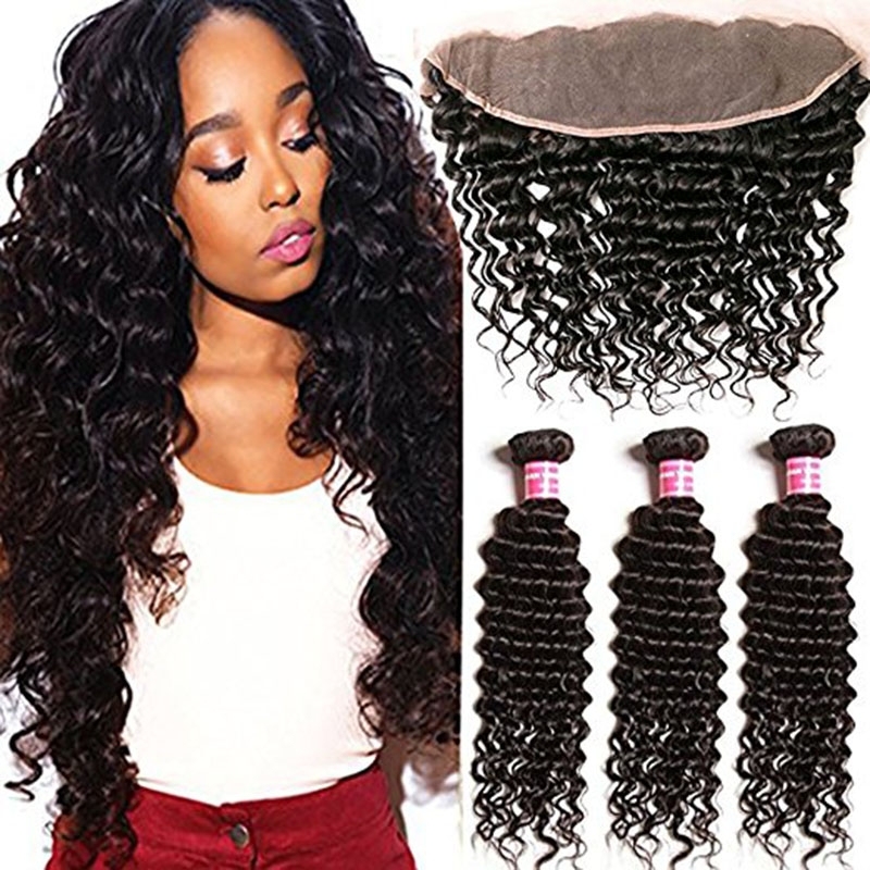Brazilian Hair Deep Curly Bundles with 13x4 Ear to Ear Lace Frontal Closure Unprocessed Human Hair Extensions