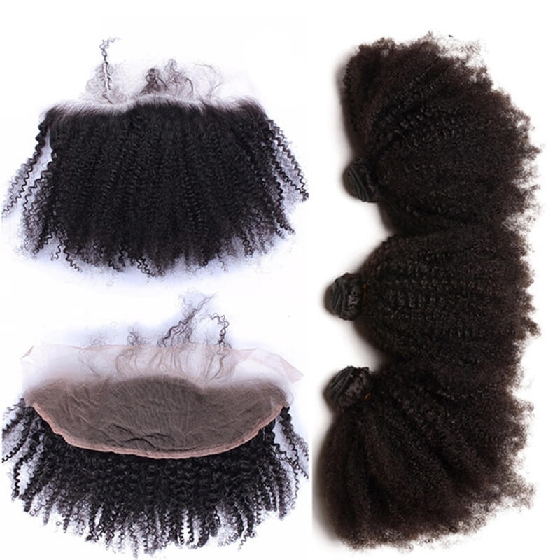 Natural Color Human Hair Afro Kinky Curly Hair Bundles 3PCS with 13X4 Lace Frontal Baby Hair Around Bleached Knots