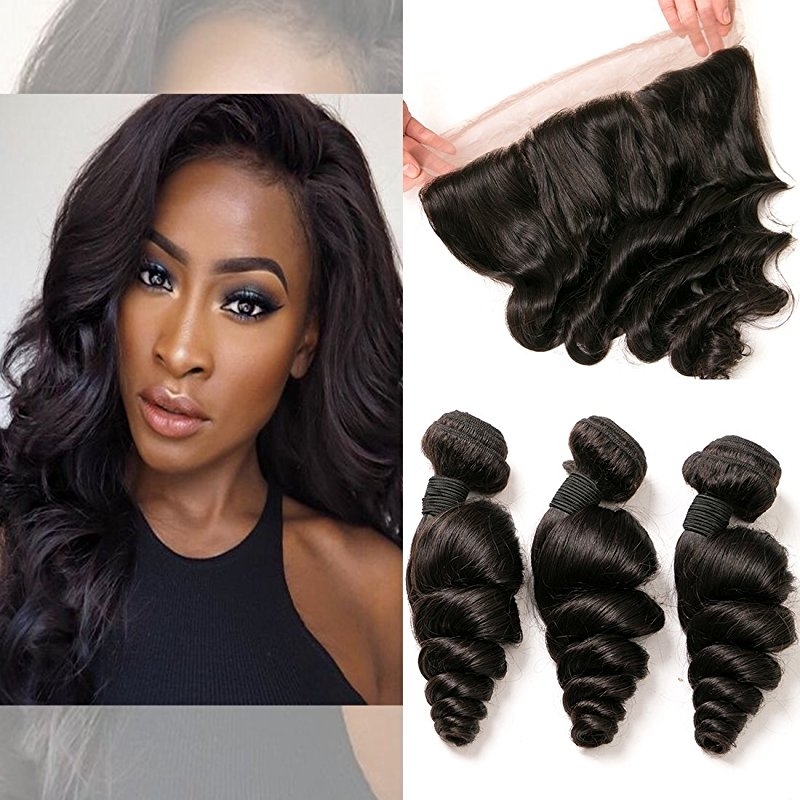 Brazilian Loose Wave Frontal with 3 Bundles Unprocessed Remy Hair Extensions Ear to Ear 13x4 Lace Closure Frontal