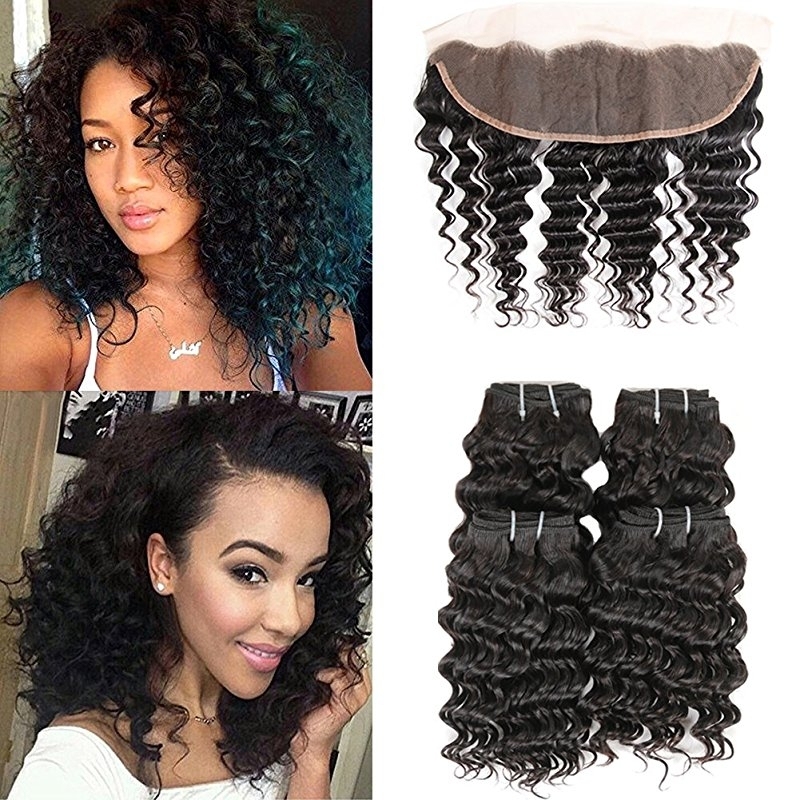 Brazilian Deep Wave Ear to Ear Lace Frontal Closure with Bundles Remy Hair