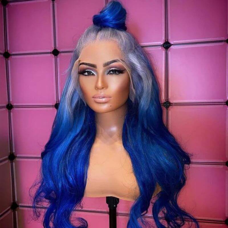Body Wave Sliver and Blue Gradient Colored Lace Front Human Hair Wigs Brazilian Remy Highlight Colored Lace Front Wigs Ombre Blue Human Hair Lace Wig 150% Pwigs