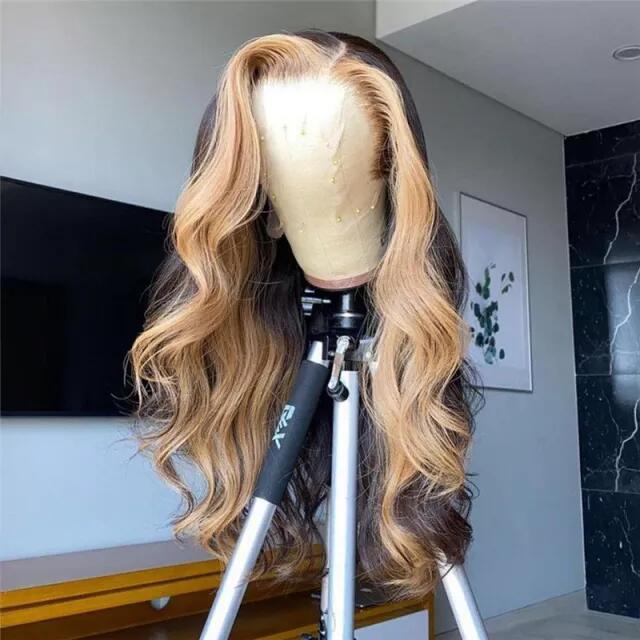 150% Density Wavy Wig Lace Front Human Hair Wigs Brazilian Remy Hair #27 Honey Blonde Highlight Wigs For Women 8-26inch