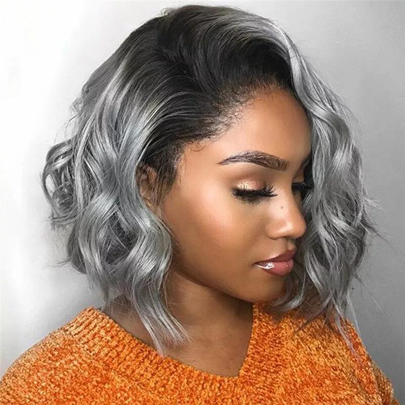 1B/Grey Human Hair Wig Wavy Bob Lace Front Human Hair Wigs Brazilian Remy Preplucked Grey Colored Lace Front Wigs Closure Wig
