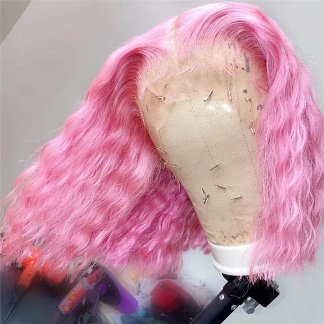 Bob Lace Front Wig Pink Ombre Human Hair Wig Brazilian Remy Short Bob Wavy Transparent Lace Front Wigs For Women 150%