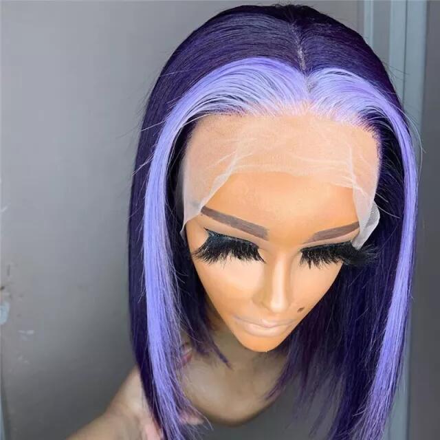 Skunk Stripe Lace Wigs Real Human Hair Purple Color Highlight Lace Front Bob Wig