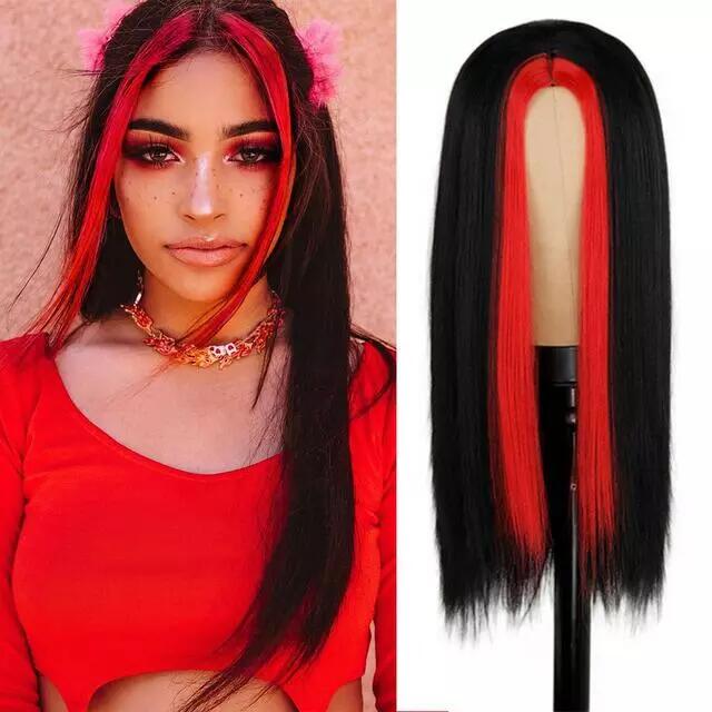 Skunk Stripe Peruvian Hair Lace Front Black Color Red Streak Highlight Wigs Human Hair Lace Front Wigs