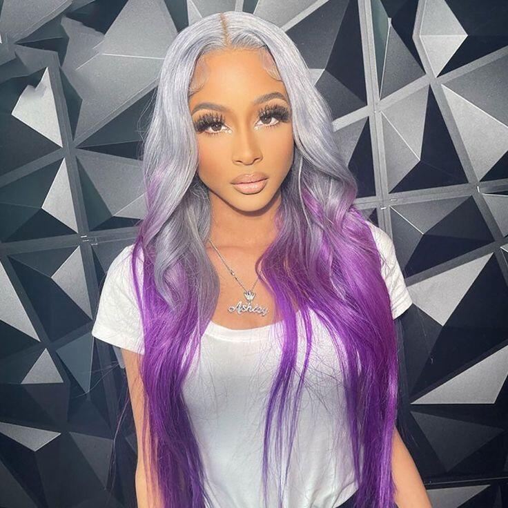 Straight Ombre Sliver and Blue Lace Front Human Hair Wigs  13x4 Lace Frontal Wig  Long Hair Colored Lace Front Wig 150%