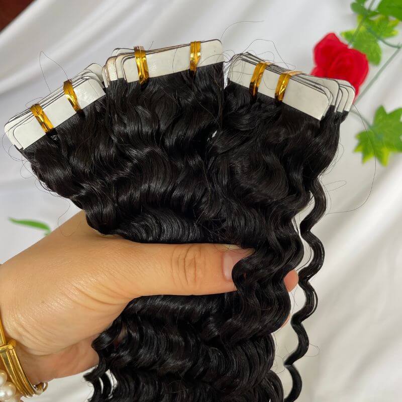 Deep Wave Curly Tape In Hair Extensions Brazilian Skin Hair Weft Human Hair Bundles Tape On Double-siding  Adhesive Invisible