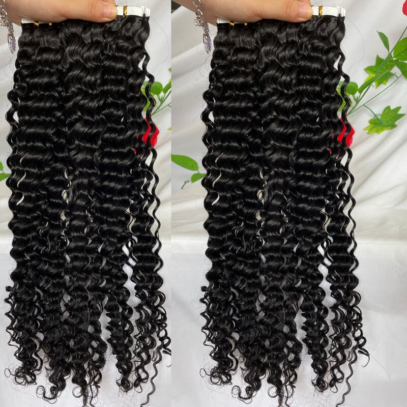 Deep Wave Curly Tape In Hair Extensions Brazilian Skin Hair Weft Human Hair Bundles Tape On Double-siding  Adhesive Invisible