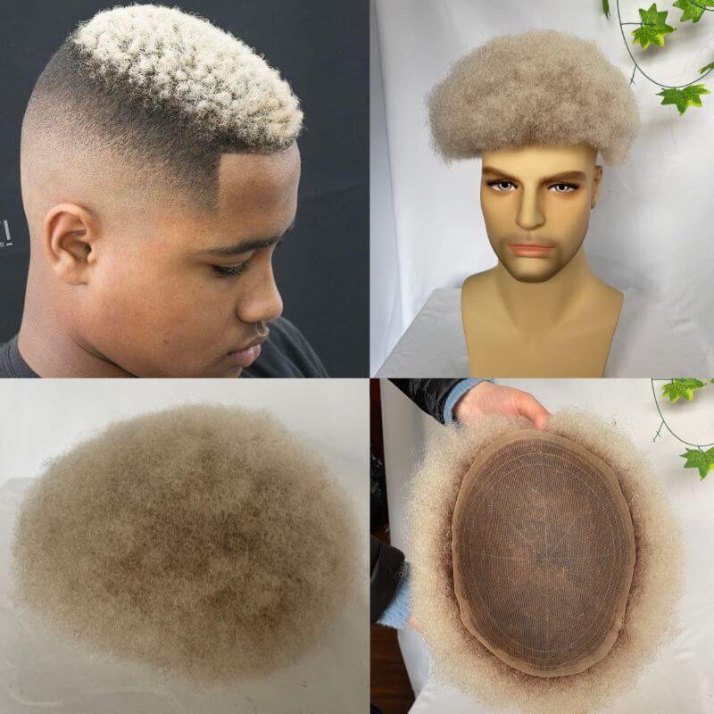 Men Toupee  Human Hair Afro Curly  Ombre #60 White Color Toupee for Men 8x10 inch Afro Curl Toupee for Black Men Full French Lace Hair System 360 Weave Men Toupee Hair System