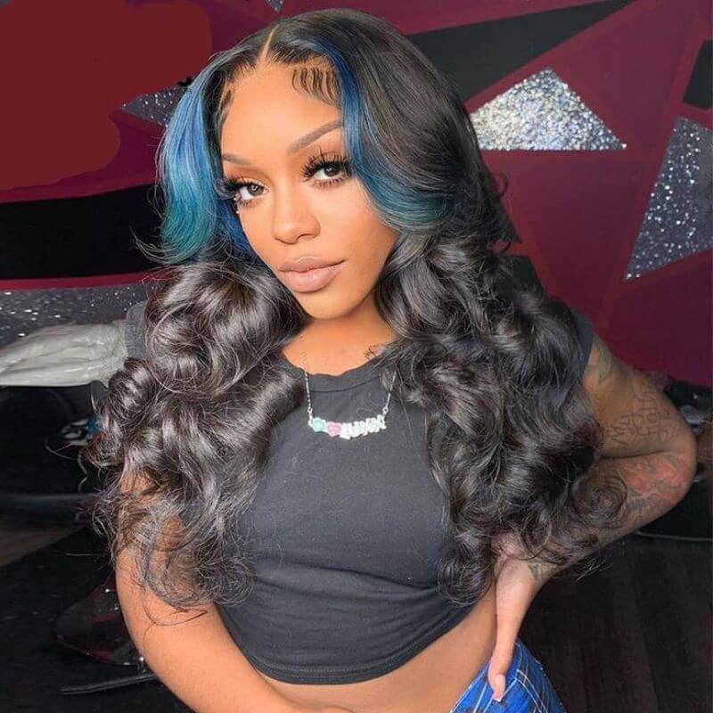 Blue Roots Ombre Hightlight HD Transparent Lace Peruvian Human Hair Black And Blue Ombre  Lace Front Wigs Body Wave Black  Wigs