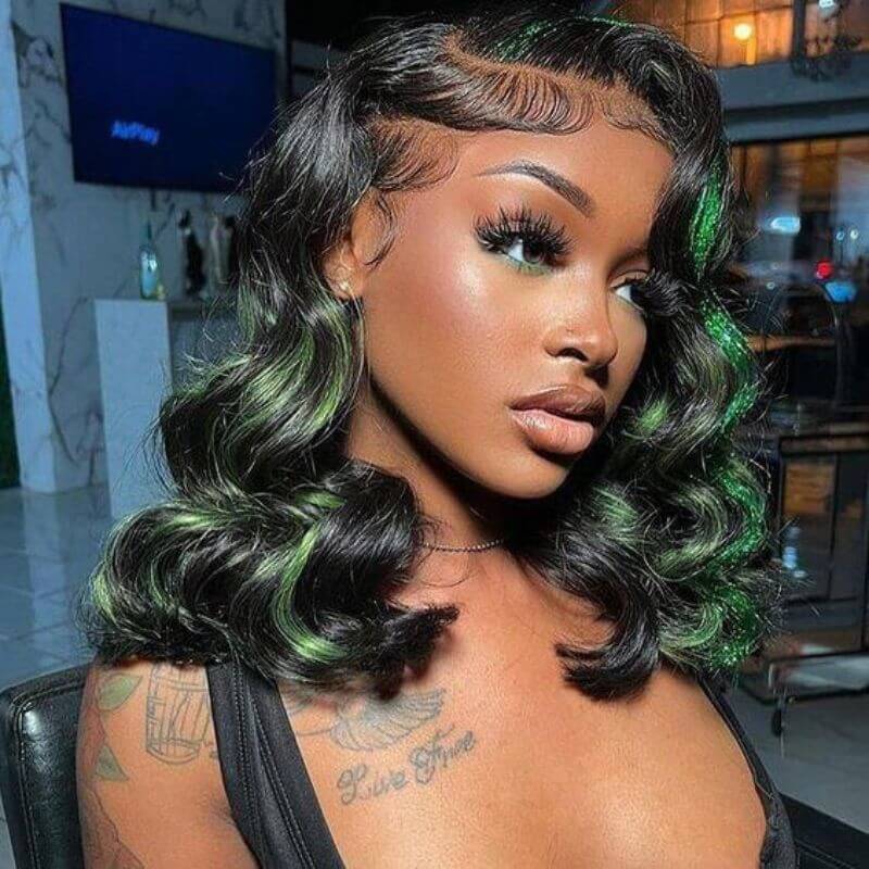 Green Ombre Hightlight HD Transparent Lace Peruvian Human Hair Black And Green Ombre  Lace Front Wigs Wavy Black Wigs