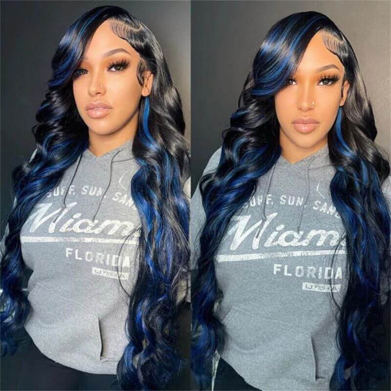 Blue Ombre Hightlight HD Transparent Lace Brazilian Human Hair Black And Blue Ombre  Long Lace Front Wigs Wavy Black Wigs