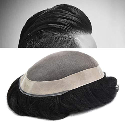 Toupee for Men Human Hair Pieces Fine Mono Lace Top PU Perimeter European Hair Replacement System 7x9inch 1B Color Men Wigs