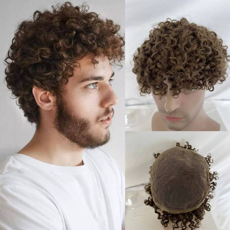 Toupee For Men Brown Color Curly Full Swiss Lace Base Remy European Human Hair System 8x10 Hair Prothesis