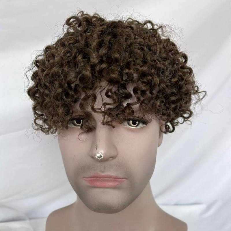 Toupee For Men Brown Color Curly Full Swiss Lace Base Remy European Human Hair System 8x10 Hair Prothesis